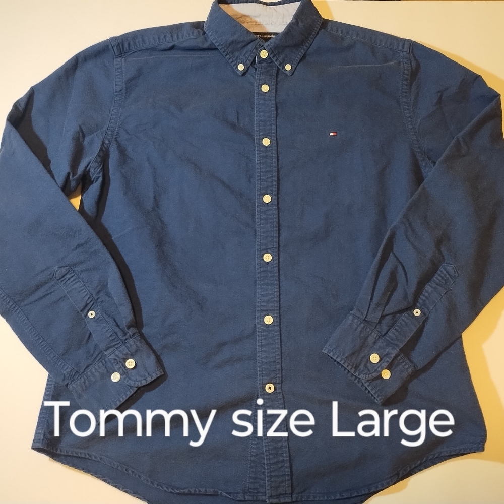 Tommy Hilfiger Men Long Sleeve Large GUC Cotton Shirt Custom Fit Heavy Weight